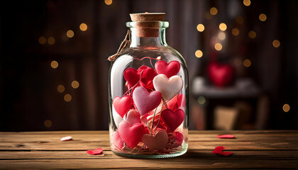 Rustic Valentine's Day decorative hearts arranged elegantly inside a clear glass bottle.