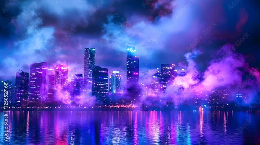 Poster mesmerizing nighttime cityscape with a stunning skyline of illuminated skyscrapers and high rise bui