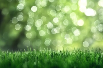Obraz premium Fresh spring background with lush green grass and soft bokeh light, perfect for banner design and copy space. Vibrant nature concept.