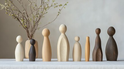 Collection of Minimalist Wooden Figurines Displayed on a Neutral Table with Decorative Branch Arrangement in a Simple Modern Interior Setting