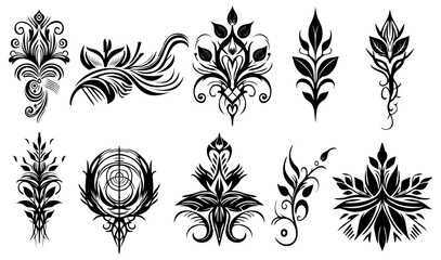 Tribal Floral Ornaments: Elegant and Symmetrical Designs
This image features ten black tribal floral ornaments with unique and artistic designs. Each pattern has a distinctive characteristic that co

