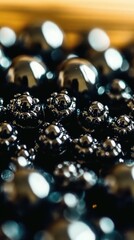 A close-up of shiny black bubbles captures the essence of liquid dynamics, creating a striking visual that plays with reflections and depth.