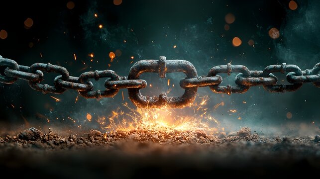 Powerful explosion shattering chains causing catastrophic destruction and chaos  Intense blast of energy flames and debris creating a state of pandemonium and mayhem