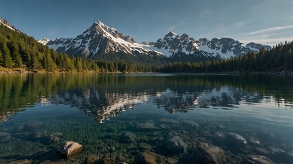 Fototapeta premium Crystal-clear alpine lake reflecting snow-capped mountains under a vibrant blue sky, with still water and natural rocky shoreline.