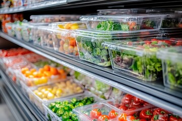 Fresh produce in plastic containers on supermarket shelves.