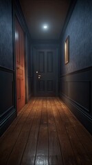 Dark hallway, two doors, wooden floor, mysterious atmosphere, horror game background