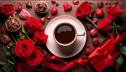 Romantic Valentine's Day flat lay display featuring fresh red roses, steaming coffee mug.