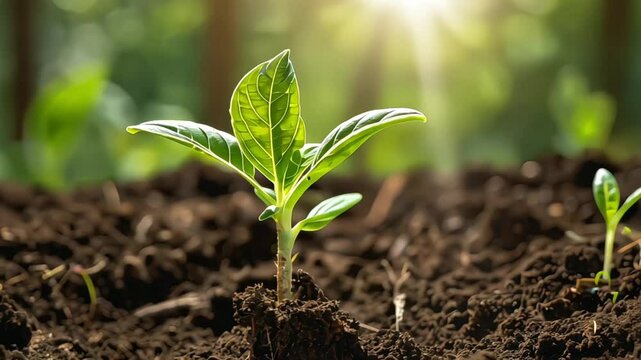A sapling growing in the middle of the forest.