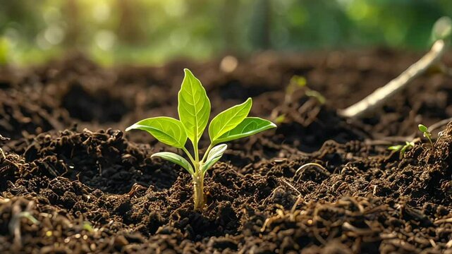 A sapling growing in the middle of the forest.