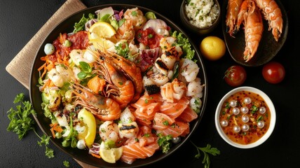 Gourmet food fine dining fusion concept. A vibrant seafood platter featuring shrimp, salmon, and assorted shellfish, garnished with lemon and fresh herbs, accompanied by a tangy dipping sauce.