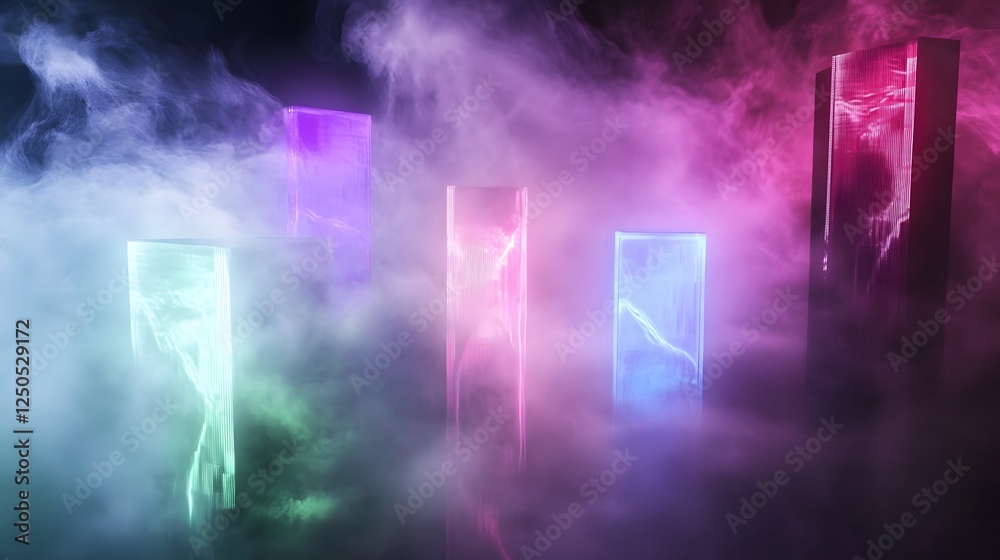 Aufkleber striking image of glowing neon lights surrounded by misty smoky darkness creating an otherworldly fa
