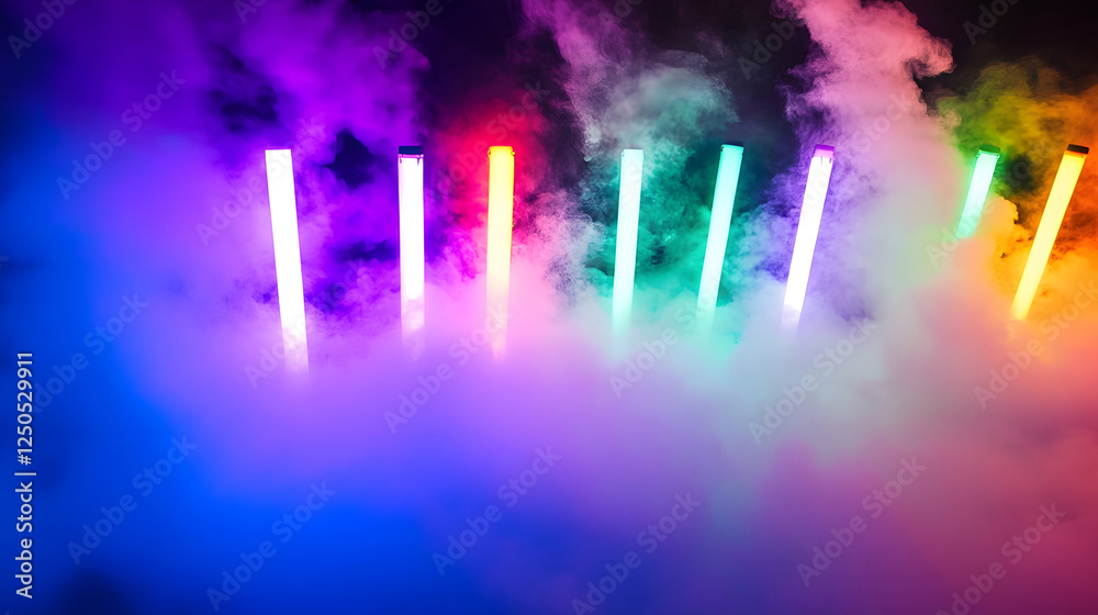 Aufkleber vibrant colorful neon lights and hazy smoke creating a dramatic moody lighting effect for a stage ev