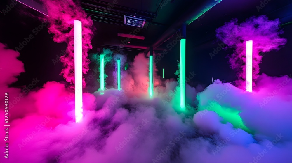 Aufkleber Vibrant neon lit nightclub dance floor shrouded in thick smoke creating an immersive futuristic atmosphere with pulsating lights captivating patterns