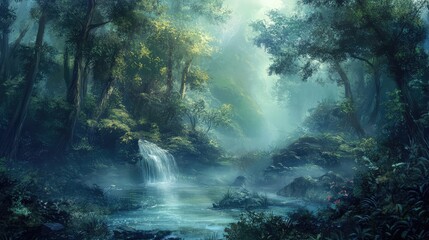 Serene Forest Scene with Gentle Waterfalls and Lush Greenery Capturing the Essence of Nature's Tranquility and Beauty in a Mystical Landscape