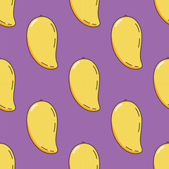 Mango healthy fruit seamless pattern on purple background hand-drawn doodle vector.