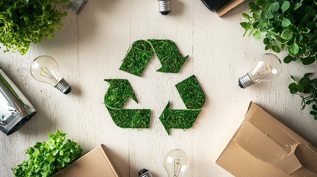 A modern workspace displays sustainable energy tips with eco-friendly gadgets, energy-efficient bulbs, and a recycling station, emphasizing innovative green practices.