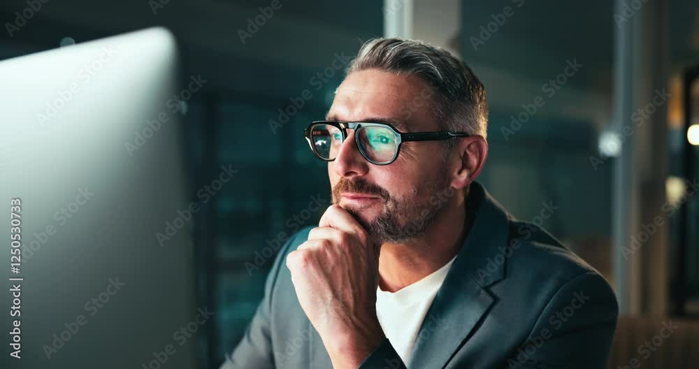 Poster Night, thinking and business man on computer, problem solving and cryptocurrency advisor in office. Smile, technology and mature manager with idea for investment, finance and planning on overtime