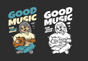 Girl character holding a guitar, flat illustration in 2 color version