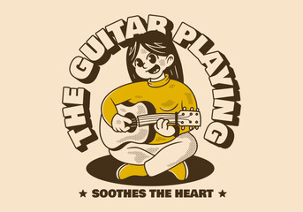 Retro girl character illustration playing a guitar. Good for t-shirt print