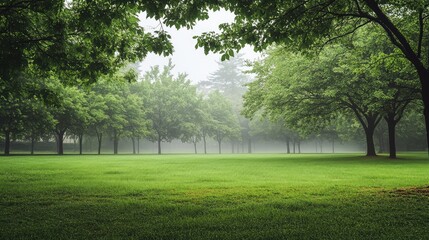 Obraz premium Lush Green Forest in Early Morning Fog with Dense Trees Surrounding a Serene Grassy Meadow Invoking Calm and Tranquility in a Natural Landscape