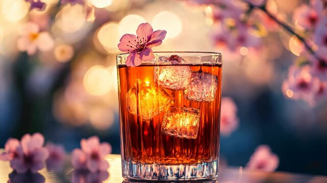 a glass of ice cherry flower tea with pink cherry flowr blossoming with bokeh light as background, backlight 