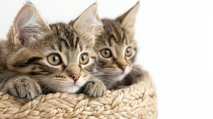 Naklejka premium Two adorable tabby kittens peek out from a woven basket, showcasing their curious expressions and soft fur against a light background.