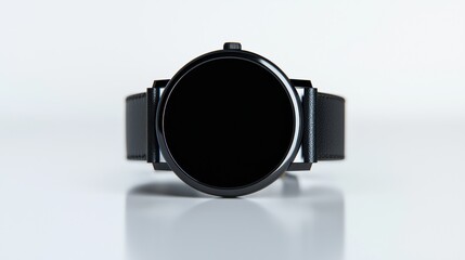 A sleek black watch with a minimalist design, featuring a round face and a simple strap, set against a clean white background.