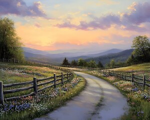 Naklejka premium A country road flanked by wooden fences and patches of wildflowers under a soft morning sky