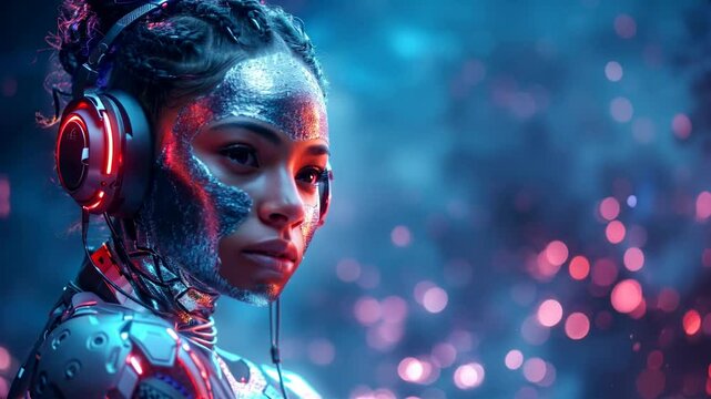 Futuristic cyborg woman with neon headphones amidst sparkling light effects