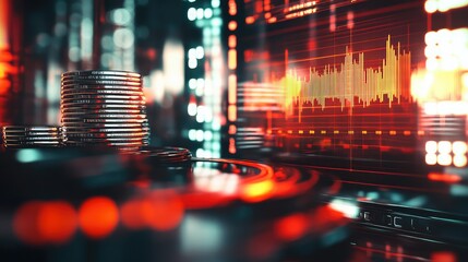Abstract digital financial technology concept with stacked coins and vivid stock market chart showing trading data on a futuristic background with glowing lights and details