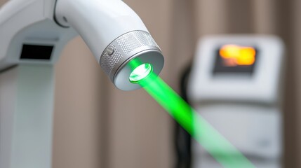 Laser Treatment Concept, Modern Laser Device Emitting Green Light Beam for Various Applications in Technology and Medicine Use