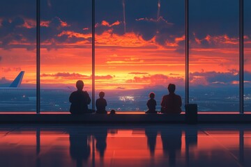 Family silhouetted against a vibrant sunset, viewed from an airport window. Perfect for travel, family, or departure themes, evokes emotion.