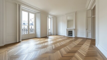 Obraz premium Empty Parisian Apartment Interior with Herringbone Flooring