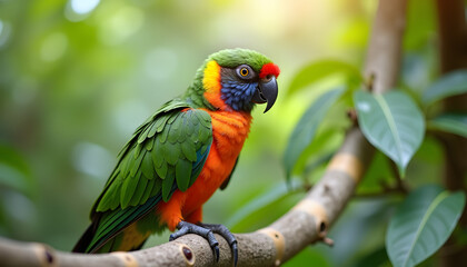 Colorful parrot perched on a branch with vibrant green leaves in a tropical forest
