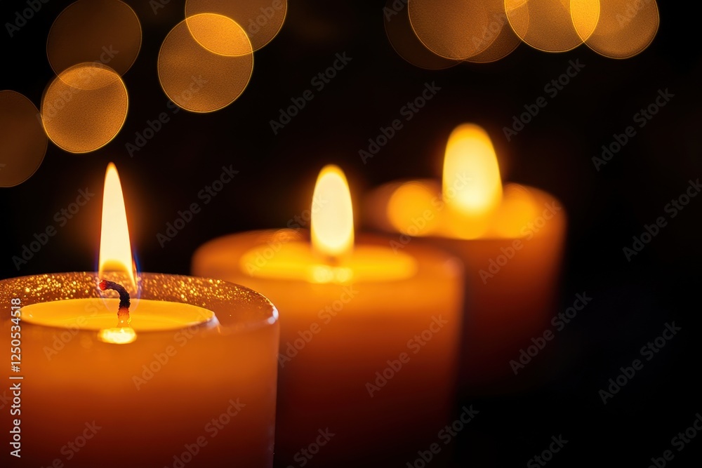 Poster three lit candles glow in the dark with bokeh.