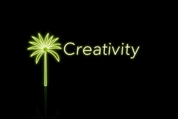 Vibrant neon palm tree sign glowing 'Creativity' isolated on black background. Ideal for World Creativity and Innovation Day, motivational decor, and artistic designs with a tropical twist