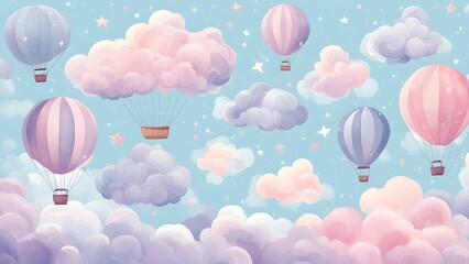 Obraz premium A whimsical scene of colorful hot air balloons floating among fluffy clouds in a blue sky.