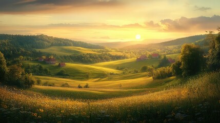 Obraz premium Serene Countryside Landscape at Golden Hour with Rolling Hills, Lush Green Fields, Vibrant Wildflowers, and a Breathtaking Sunset Over Rural Dwellings and Trees