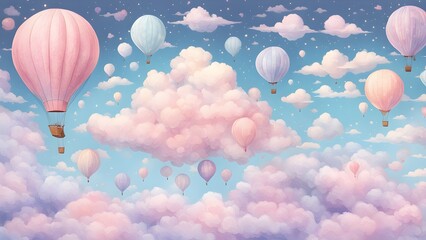 Obraz premium A serene sky filled with colorful hot air balloons drifting among fluffy clouds.