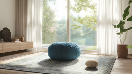 Stylish pouf on vintage carpet in living room isolated on the beautiful background