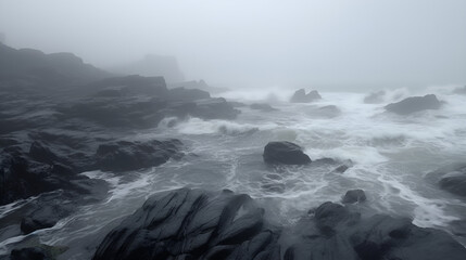 Fototapeta premium Stormy waves at foggy coast