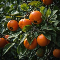 A persimmon alongside a few green leaves for a fresh contrast.