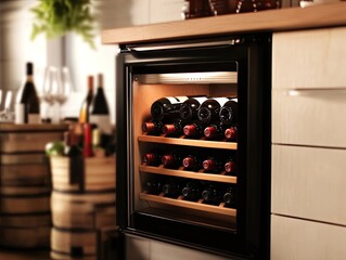 Elegant wine refrigerator built-in under counter showcasing a curated collection