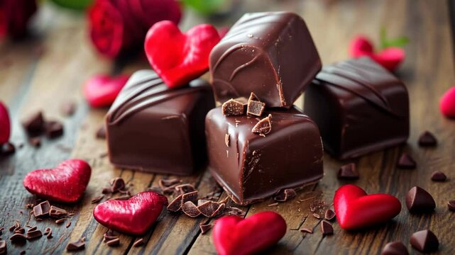close up Valentines's day chocolate nugget , strawbery, heart, rose petal, look yummy, chocolate on wooden plate