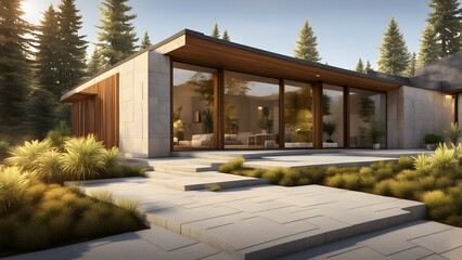 Modern house with large windows set in a lush, green landscape.