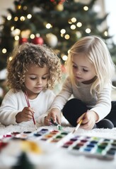 Fototapeta premium Two Children Painting Together at Christmas