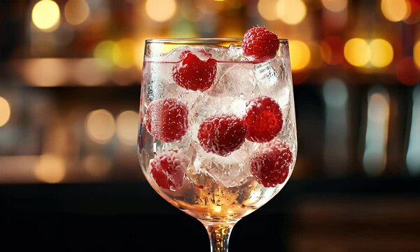 Raspberries, ice, gin, bar, drink, night, refreshment, bubbles