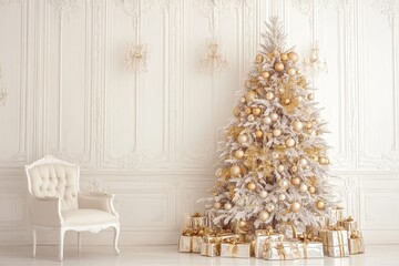 Elegant white Christmas tree with golden decorations, surrounded by a white chair and table. A luxurious and festive atmosphere with gold accents.