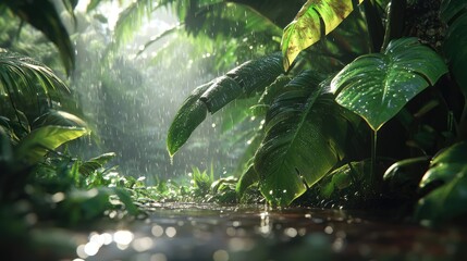 Lush Tropical Rainforest with Raindrops on Vibrant Green Leaves and a Tranquil Stream, Highlighting the Serenity and Richness of Nature's Wilderness in Soft Light