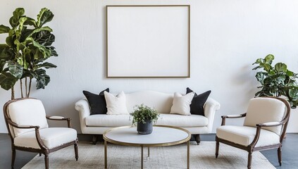Modern Living Room Decor: Elegant Sofa, Armchairs, and Plants with a Large Frame